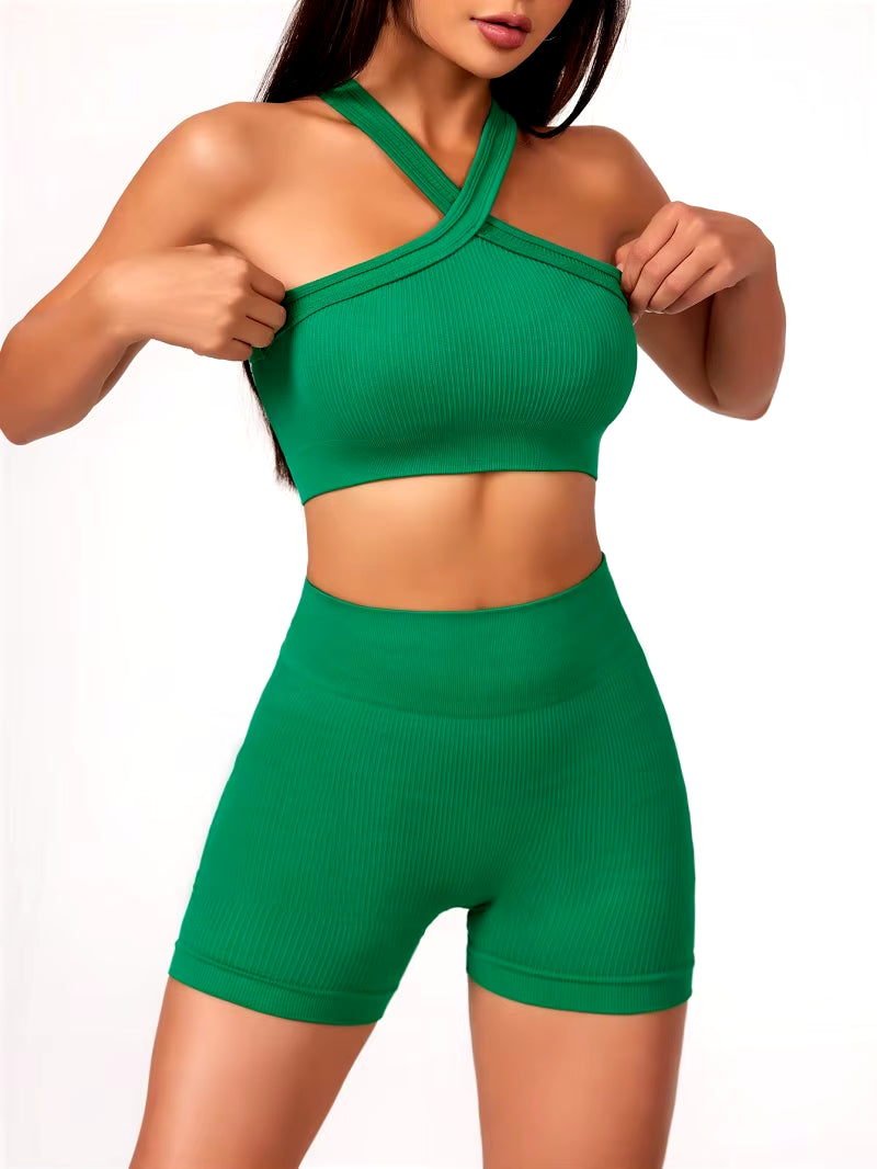 2Pcs Yoga Sets Naked Feel Gym Set Women Workout Clothes High Waist Yoga Shorts and Strappy Sports Bra Short Sets Summer