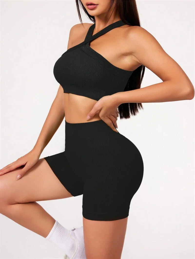 2Pcs Yoga Sets Naked Feel Gym Set Women Workout Clothes High Waist Yoga Shorts and Strappy Sports Bra Short Sets Summer
