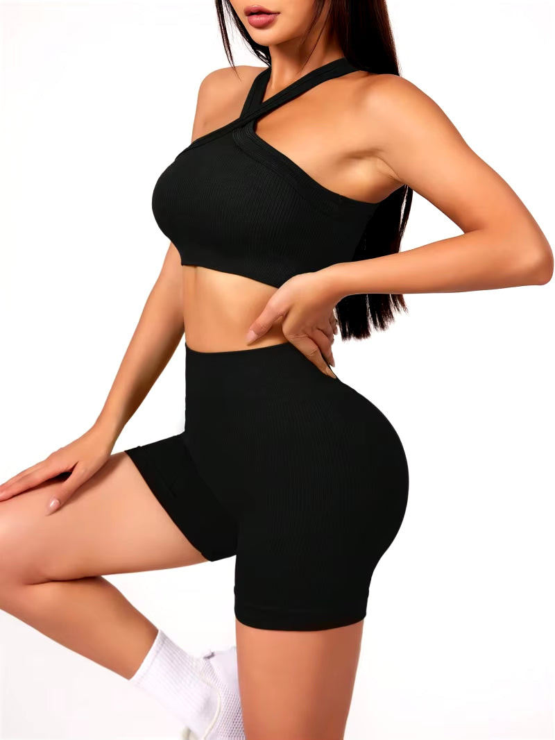2Pcs Yoga Sets Naked Feel Gym Set Women Workout Clothes High Waist Yoga Shorts and Strappy Sports Bra Short Sets Summer