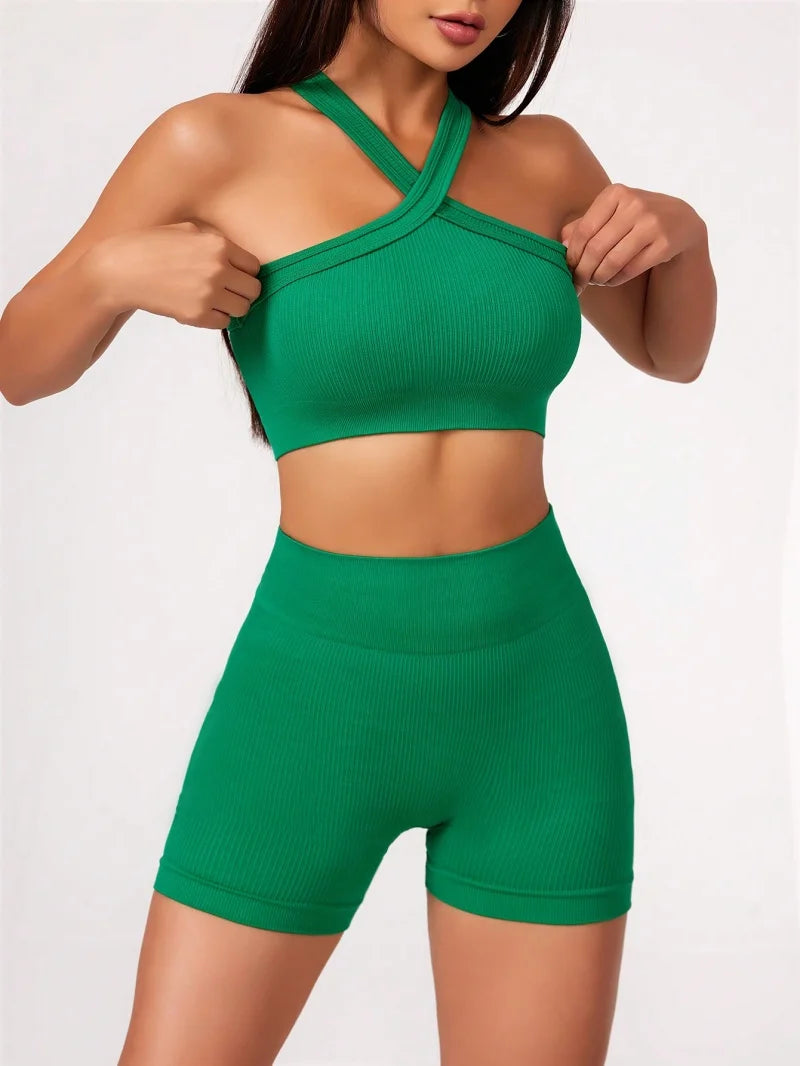 2Pcs Yoga Sets Naked Feel Gym Set Women Workout Clothes High Waist Yoga Shorts and Strappy Sports Bra Short Sets Summer