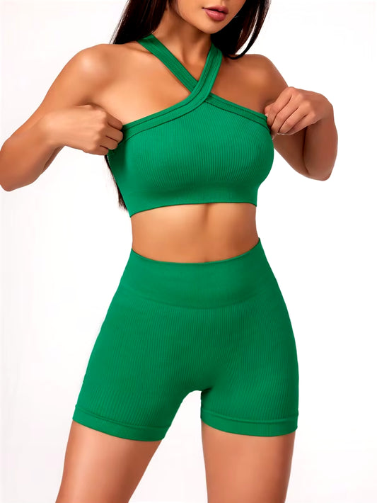 2Pcs Yoga Sets Naked Feel Gym Set Women Workout Clothes High Waist Yoga Shorts and Strappy Sports Bra Short Sets Summer